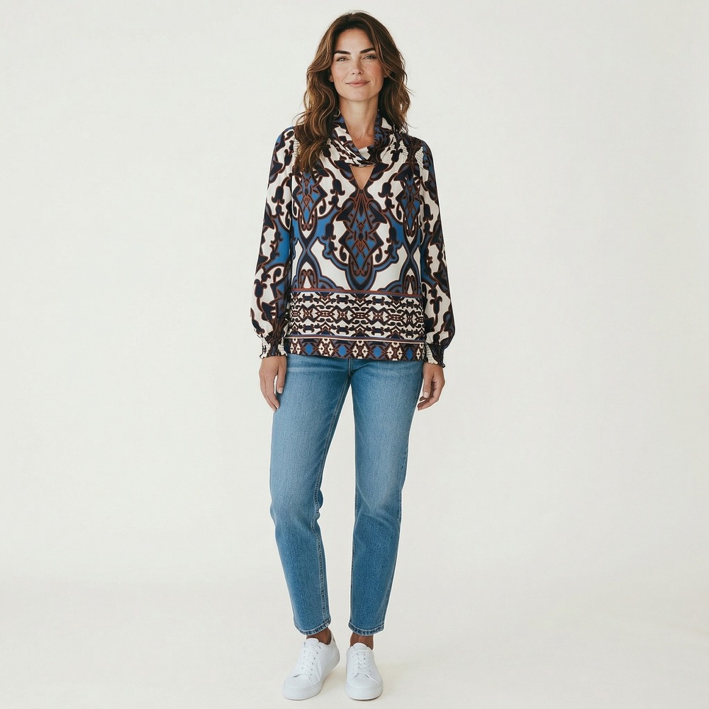 Black Label by Chicos Womens Size 2 Blue Paisley‎ Smocked Mock Neck Silk Blouse